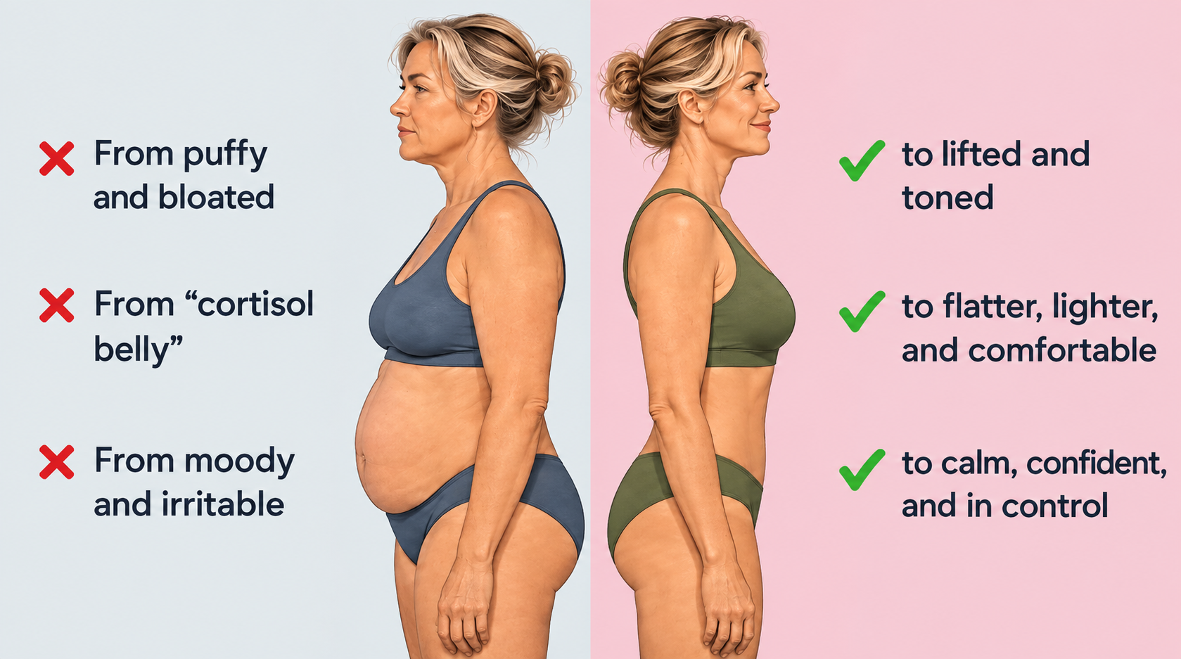 Illustration comparing a bloated, puffy body shape with a toned, balanced body shape