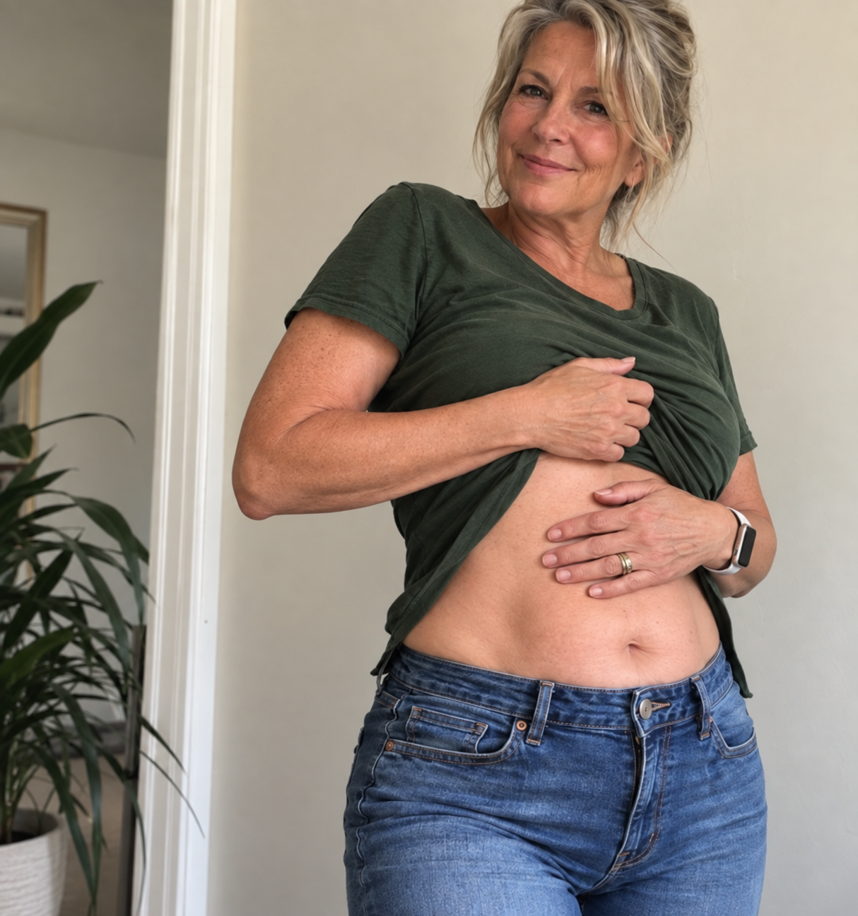 Smiling woman over 50 holding her midsection